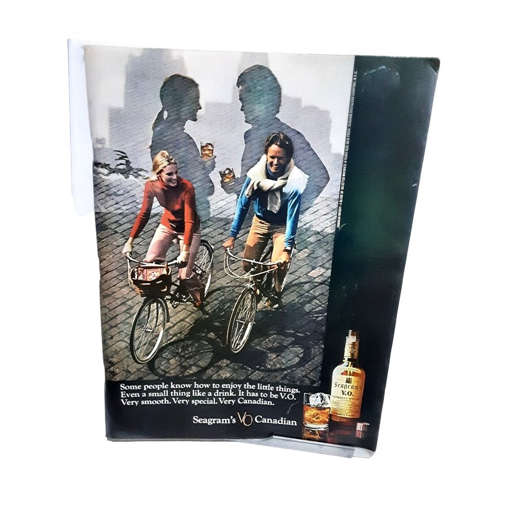 1970 Seagrams VO Canadian Whiskey Bicycle Riding Vintage Print Ad 70s Original